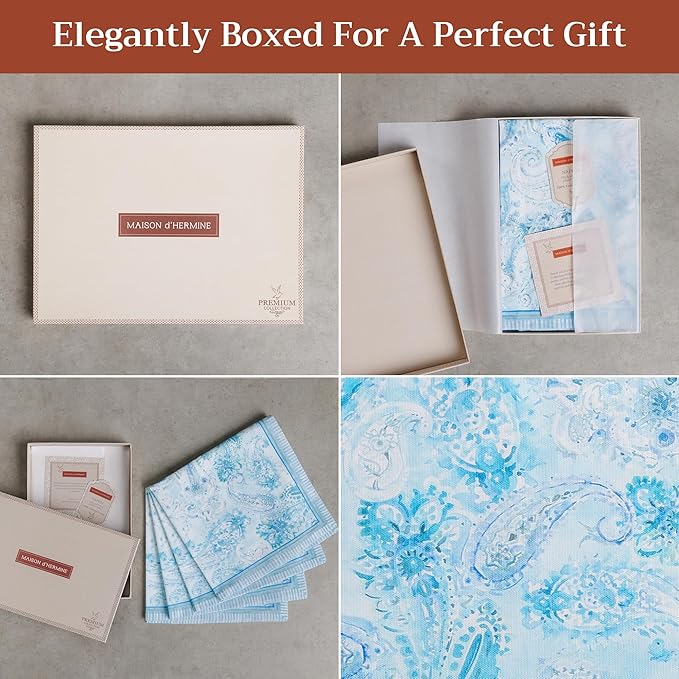 Maison d' Hermine Napkin 100% Combed Cotton Premium 20"x20" Decorative Washable Table Cloth Napkins Set of 4 for Dining, Holidays, Buffet Parties & Wedding Use Campagne - Paisley Blues