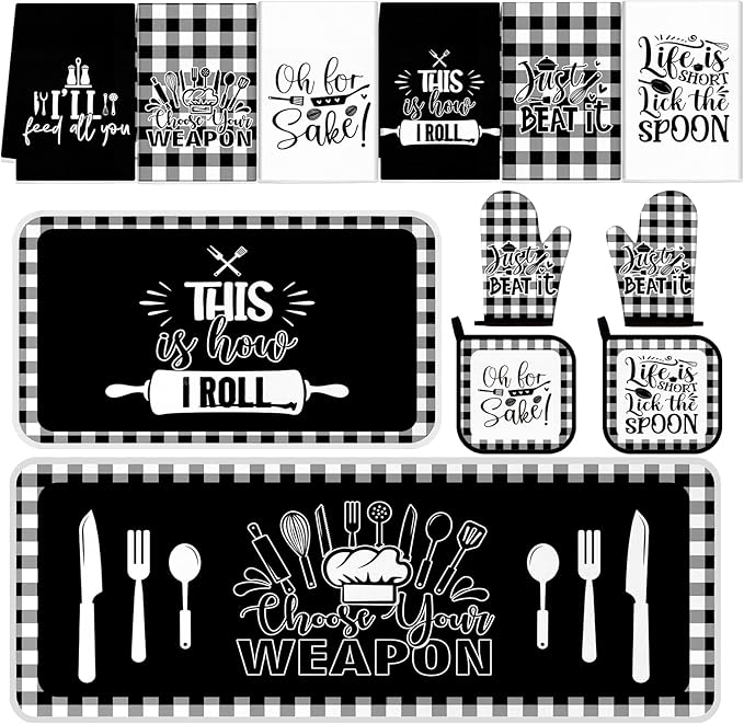 Fourluoo 12 Pcs Checkered Buffalo Kitchen Oven Mitts and Pot Holders Black and White Dish Towels Farmhouse Kitchen Decor Accessories Set for Chef Baking Cooking Grilling BBQ Women Mom Gift