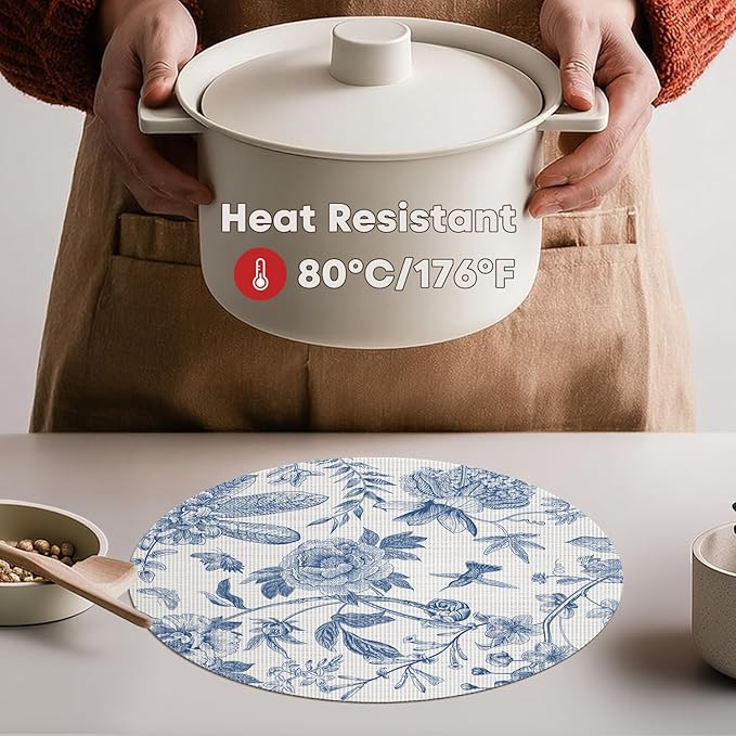 Artoid Mode Blue Floral Vinyl Round Spring Placemats Set of 4, Washable Heat Resistant Non-Slip Woven Summer Plastic PVC Place Mats for Farmhouse Party Kitchen Dining Decor