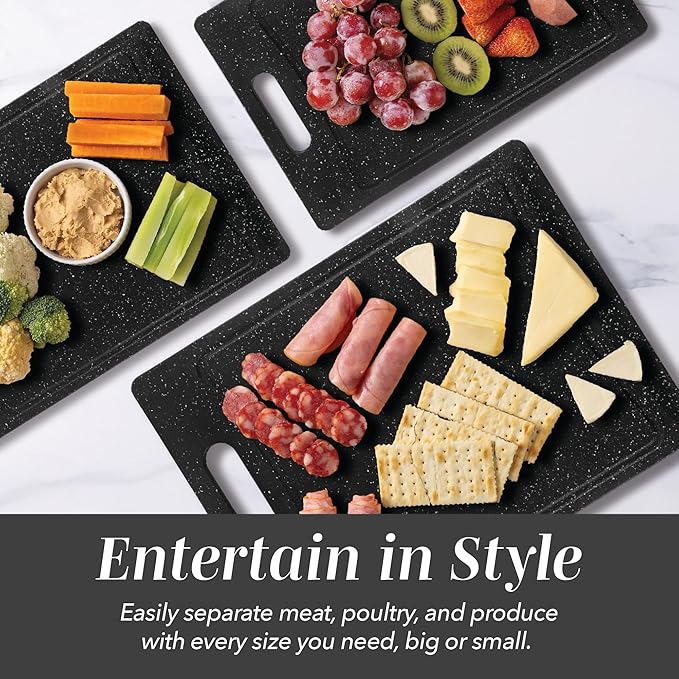 COOK WITH COLOR Non-Slip Cutting Board Set – Kitchen Essentials with Easy Grip Handle for Meat, Veggies, and Fruits, 4 Cutting Boards, Black