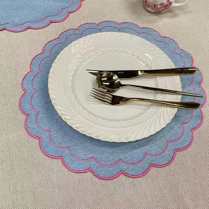 Linen Cotton Placemats Set of 4 Scalloped Flower Embroidery Place Mats 15'' Natural Linen Texture Fabric Machine Washable Table Mats for Restaurant Kitchen,Table Decor(Blue)