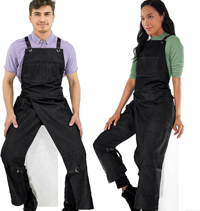 Under NY Sky Pottery Gray Apron – Full Cover Cross-Back, Durable Denim, Leather Reinforcement and Overlapping Split-Leg – Adjustable for Men and Women – Pro Pottery Artist, Mechanic