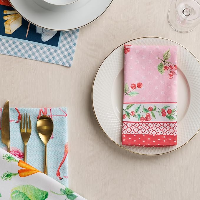 Maison d' Hermine Cloth Napkins Set of 4 100% Cotton Everyday Reusable Square Napkins Cloth Washable Dinner Party Wedding Restaurant Gifts for Mothers Day Spring/Summer (Pink Cherries, 18" x 18")