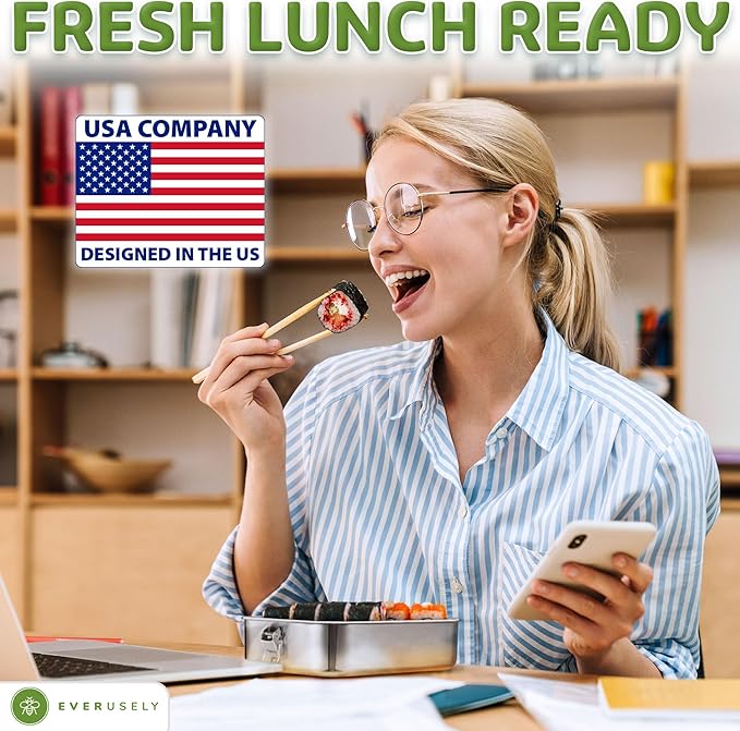 Everusely - Bento Box - Stainless Steel Lunch Box for Adults - 40 oz, 1.2 L - 3 Compartment Snack Container with Removable Silicone Seal + Secure Lock Clips - Non Plastic, Leakproof, Dishwasher Safe