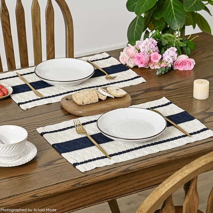 Artoid Mode Dark Blue Farmhouse Woven Rustic Placemats Set of 4,12x18 Inch Seasonal Holiday Hollow Table Mats Party Kitchen Dining Decoration