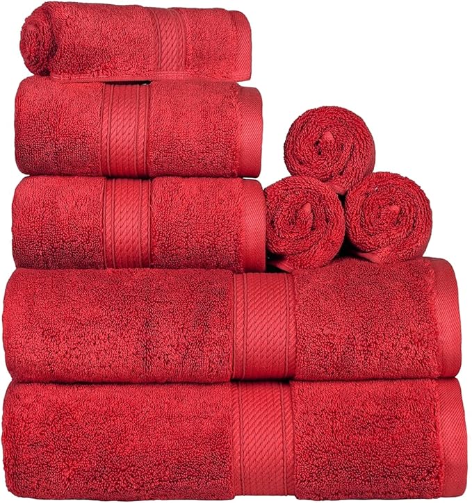 SUPERIOR Egyptian Cotton Pile 8 Piece Towel Set, Includes 2 Bath, 2 Hand, 4 Face Towels/Washcloths, Ultra Soft Luxury Towels, Thick Plush Essentials, Guest Bath, Spa, Hotel Bathroom, Red