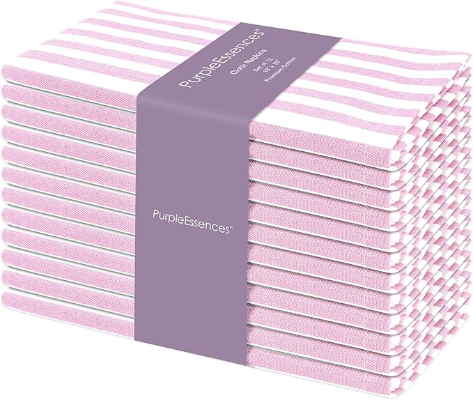 PurpleEssences Plain Striped Cloth Napkins - Set of 12-100% Cotton - 18 x 18 Inch - Spring Easter Summer and Perfect Everyday Use Dinner Napkin - Blush Pink and White