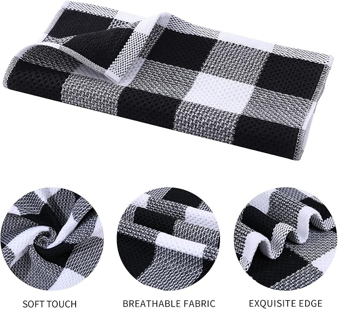 Mordimy 100% Cotton Waffle Weave Kitchen Towels, 13 x 28 Inches, Super Soft and Absorbent Buffalo Check Dish Towels for Drying Dishes, 4-Pack, Black & White