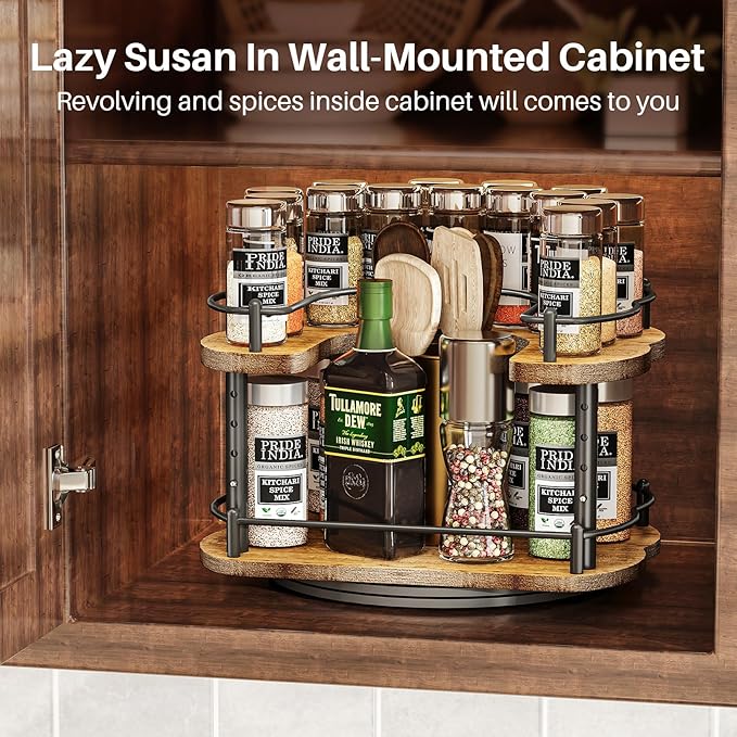 Lazy Susan Organizer Spice Rack - Spice Organization for Cabinet Height Adjustable Rotating Lazy Turntable, Pantry Kitchen Wood Revolving Seasoning Organizer (Vintage, 12 Inch)