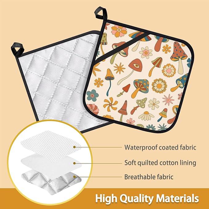 Retro Hippie Boho Mushrooms Groovy Flowers Pot Holder Set of 2,Heat Resistant Potholders Oven Hot Pads for Kitchen Cooking Baking BBQ