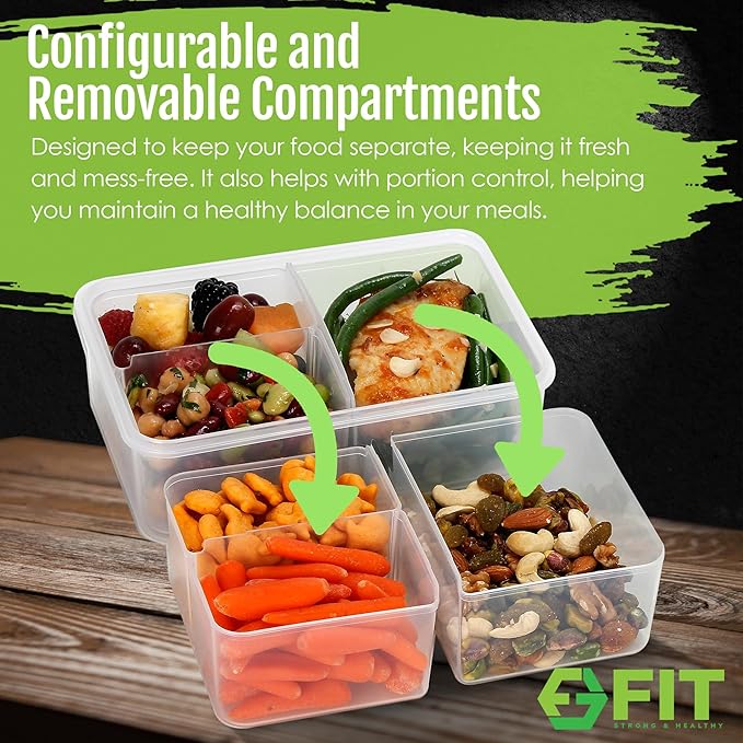 FIT Strong & Healthy Bento Lunch Box & Meal Prep Containers, Food & Snack Storage for Adults & Kids, Microwave, Freezer, & Dishwasher Safe, Reusable, Airtight Lid, Removable Compartments, 39oz, 6 Pack