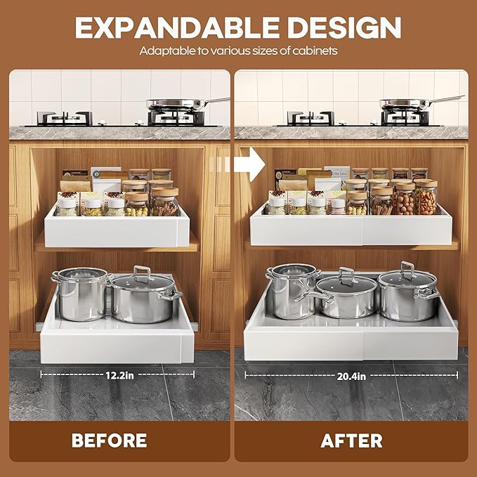 Seinloes 1 Pack Expandable Pull Out Cabinet Organizer 21" Deep with Raising Pad for Framed Cabinets,Upgrade 3 Slide Rails Slide Out Drawers,Roll Out Shelves Adhesive,Adjustable Width 12.05"-20.4"White