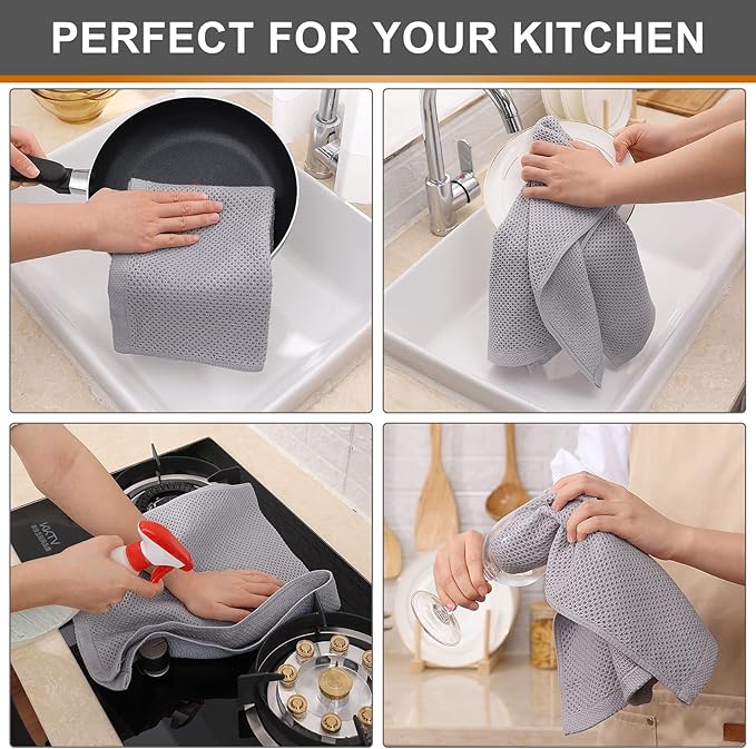 Kitinjoy 100% Cotton Waffle Weave Kitchen Hand Towels (13 x 28 Inches, Light Grey), 8-Pack Super Soft and Absorbent Dish Towels for Drying Dishes