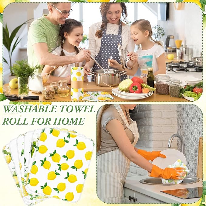 Redbaker 30 Pcs Reusable Paper Towels Rolls Towels Bulk Kitchen Washable Paperless Cloth Cotton Hand Napkins with Cardboard Reusable Napkins for Kitchen Bathroom (Lemon Style)