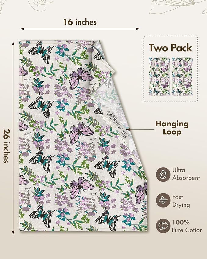 Miss Adola Flour Sack Kitchen Towels - Set of 2 Cotton Dish Towels with Hanging Loop Decorative 18x26 Inch Absorbent Cute Design for Housewarming Gifts, Purple Butterfly