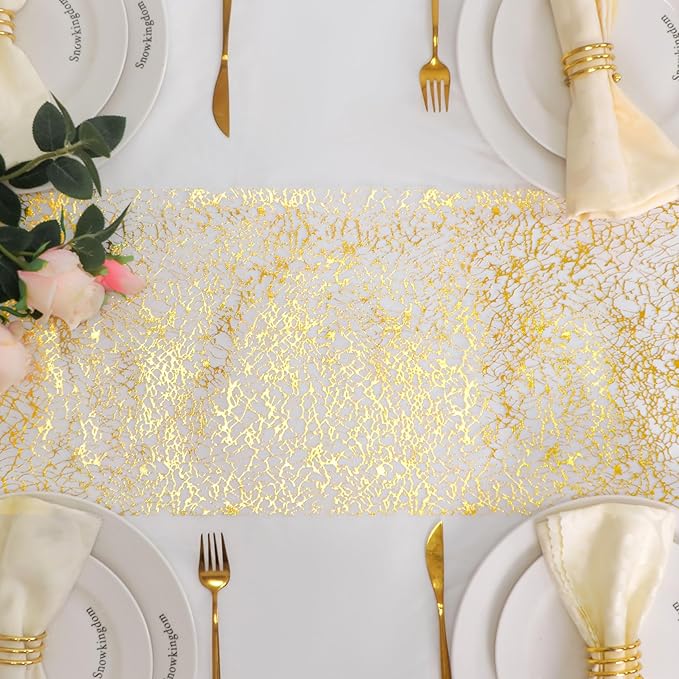 Snowkingdom 20Ft Gold Table Runner, Golden Glitter Foil Metallic Thin Mesh Cracked Runner Roll 11"x240", Gold Table Decorations for Wedding Birthday Fall Thanksgiving Christmas Party Chair Sashes