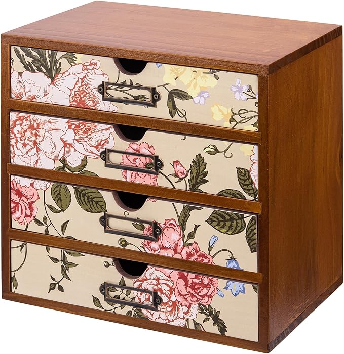 4-Drawer Vintage Desk Organizer with Jacobean Pattern Pastel Flowers Curio Drawer Dresser, Closet, Tabletop - Embroidery Reel Shelf Wood Desktop Organizing Cabinet - Victorian Floral Design