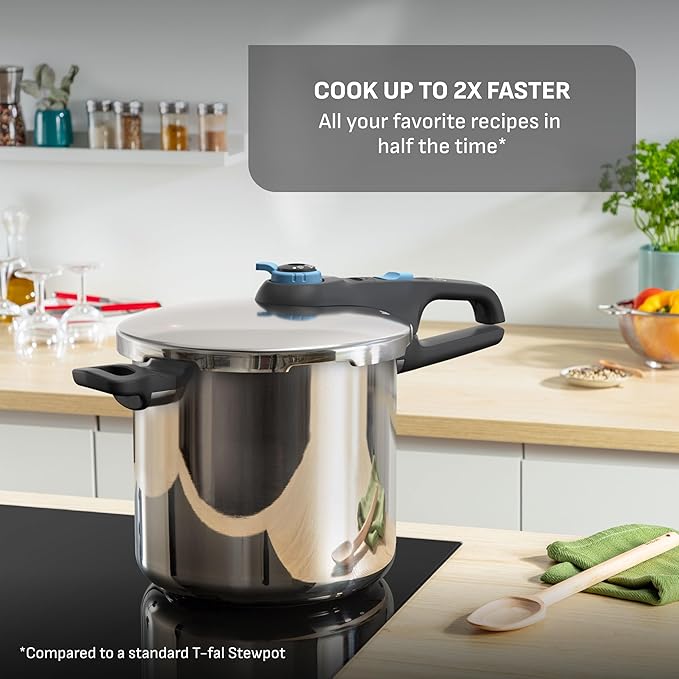 T-Fal Secure Trendy Stainless Steel Pressure Cooker, 8.5 Quart, Steam Basket, Induction, Secure Locking System, Easy and Safe Opening, Compatible with All Cooktops, Dishwasher Safe, Silver