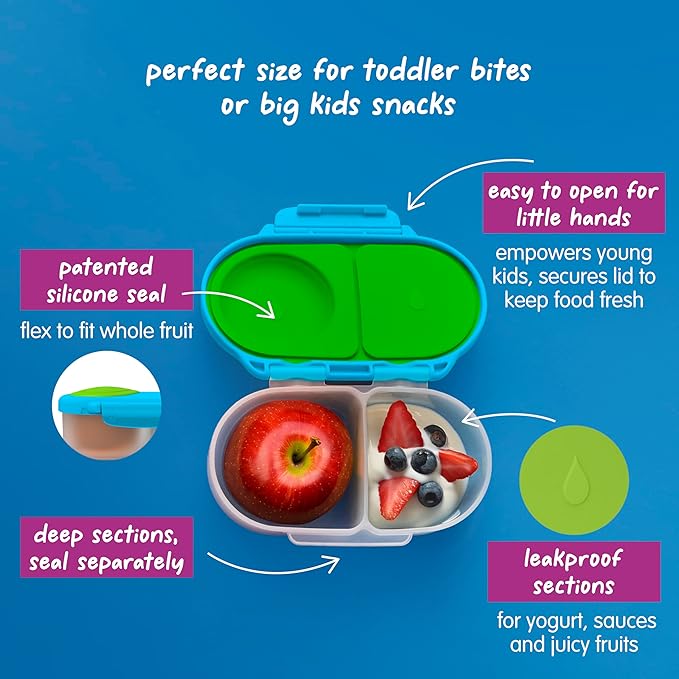 b.box Snack Box 2 Pack - Leak Proof Mini Bento Box for Kids & Toddlers, 2 Compartment Snack Containers for Kids, Dishwasher Safe, BPA Free, PFAS Free, Ages 4m+, 1 3/4 Cup Each (Ocean Blue + Forest)