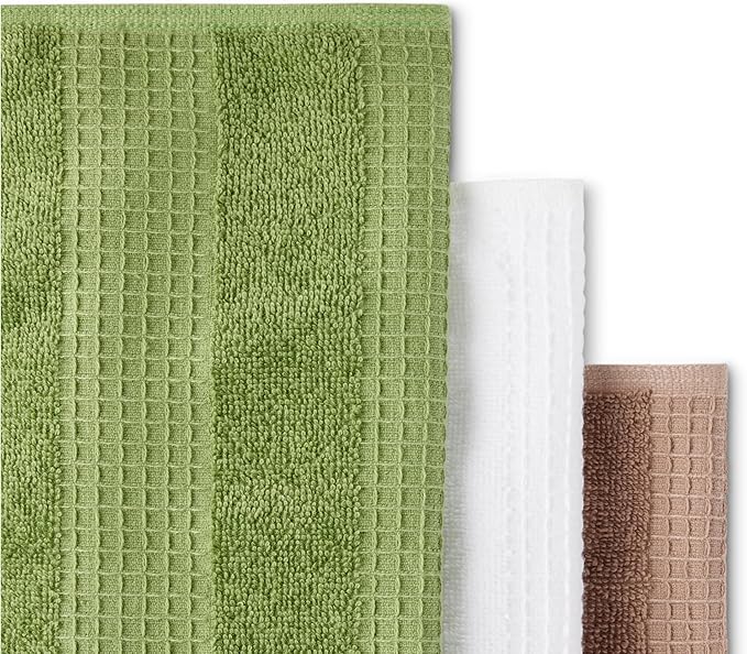 Amazon Basics Kitchen Towels, Organic Cotton Waffle Kitchen Dish Towels, Ultra Absorbent, Quick Drying, Lint-Free Geimetry Towels Kitchen, 12 x 12 Inches, 6-Pack (2 Brown, 2 Olive, 2 Navy Blue)