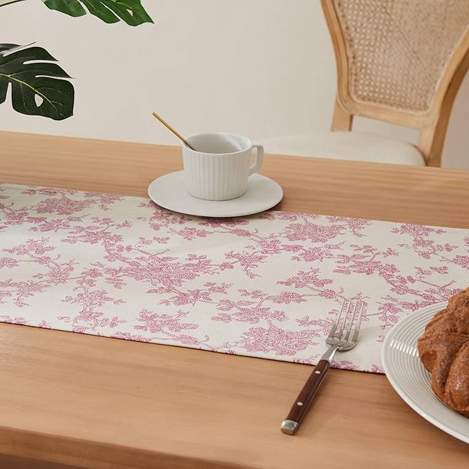 100% Cotton French Pastoral Table Runners, 13x60 Inch Pink Farmhouse Table Runners 60 Inches Long, Vintage Flowers Print Home Decors