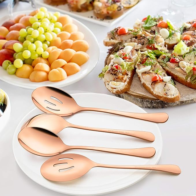 LIANYU 6-Piece Large Copper Serving Spoons, Stainless Steel Copper Slotted Spoons, Rose Gold Serving Utensils for Party Buffet Restaurant Banquet Dinner Catering, Dishwasher Safe, 9.8Inch