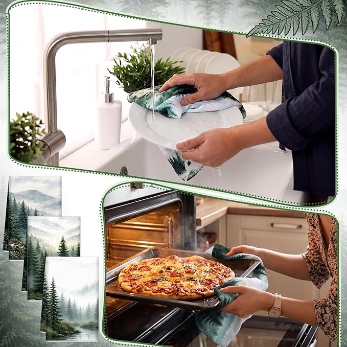 Breling Set of 6 Green Misty Forest Kitchen Towels Forest Dish Towel Bathroom Decorative Green Cloths for Kitchen Bathroom Home Cooking Housewarming Gifts, 14 x 21 Inch