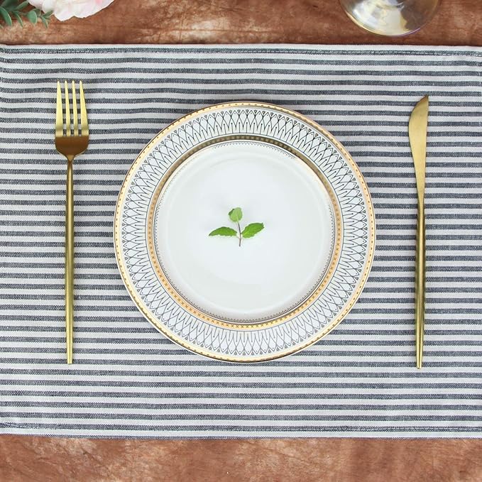 Plain Striped Cotton Linen Blended Dinner Cloth Napkins - Set of 12 (40 x 30 cm) - for Events & Home Use (Black)