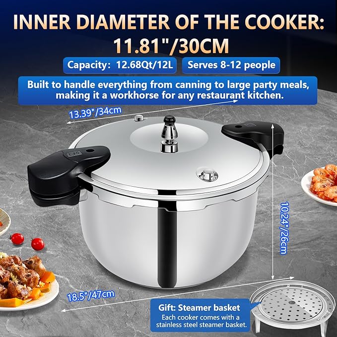 12.68QT Stainless Steel Pressure Cooker, Heavy Duty Food Grade Pressure Canner with Safety Valve & Heat-Resistant Handle, Compatible with All Stovetops for Home Cooking & Canning