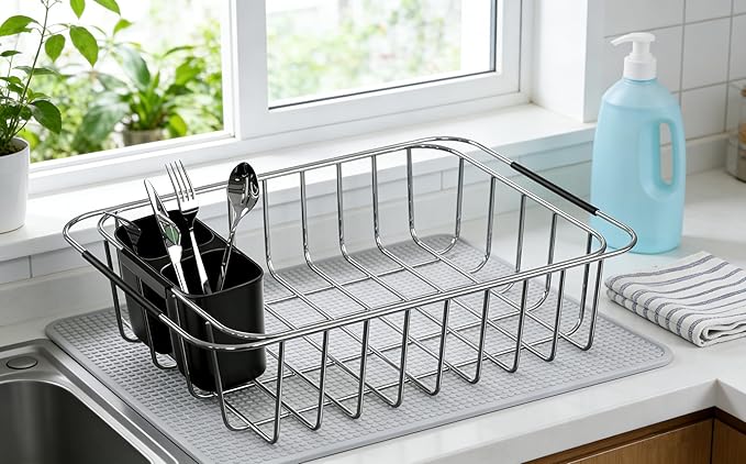 SANNO Dish Rack Utensil Holder, Hanging Cutlery Drainer Caddy with Hooks, 2 Compartment Flatware Organizer for Forks, Spoons, Knives, Fits Over Most Dish Drying Racks, Black