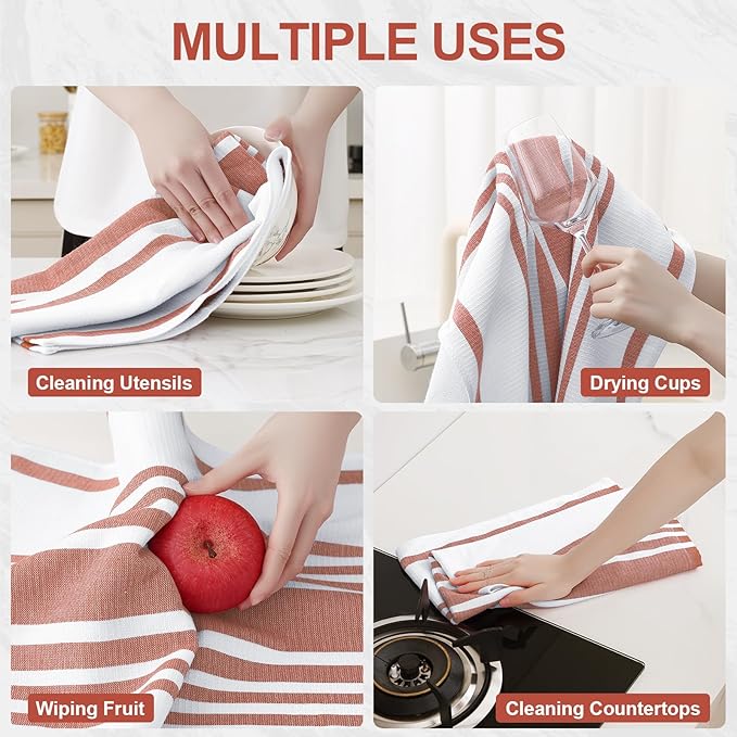 Homaxy Premium Kitchen Towels 18”x 28”, Large Cotton 380 GSM Kitchen Hand Towels, Stripe and Terry Dish Towel, Highly Absorbent Tea Towel Set with Hanging Loop, 6 Pack, Rust