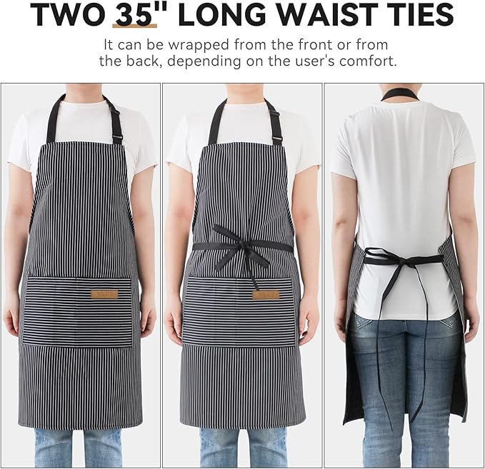 NLUS 2 Pack Kitchen Cooking Aprons, Adjustable Bib Soft Chef Apron with 2 Pockets for Men Women (Black Pinstripes)