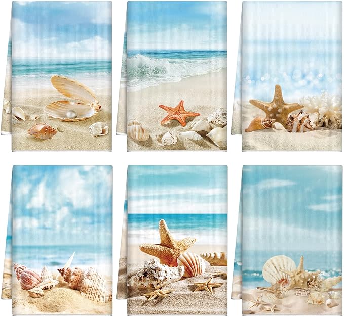 Breling Set of 6 Summer Beach Kitchen Towels Coastal Dish Towel Bathroom Decorative Starfish Seashell Cloths for Kitchen Bathroom Home Cooking Housewarming Gifts, 14 x 21 Inch