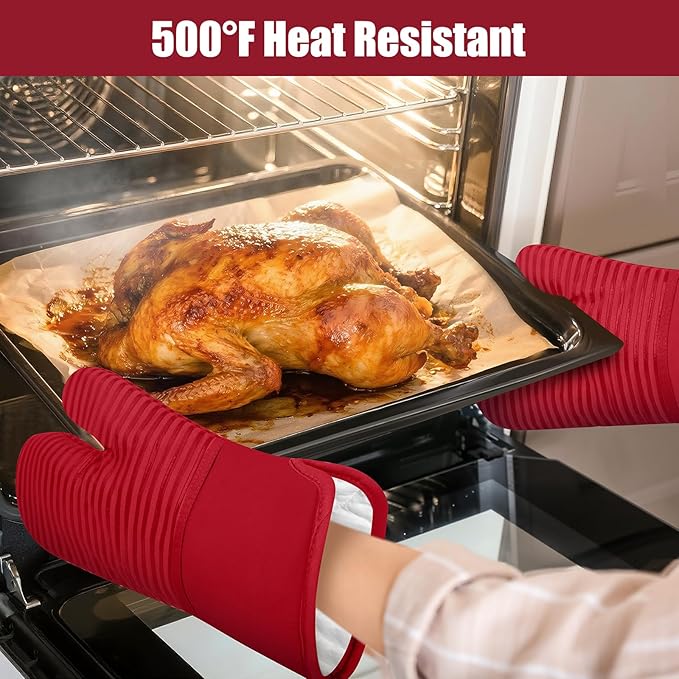 Oven Mitts and Pot Holder Sets with Silicone Grip, 500°F Heat Resistant-6 Pack Dishcloth/Dish Towels for Kitchen 100% Cotton-Value Kitchen Essentials for Cooking, Baking, Grilling-Red