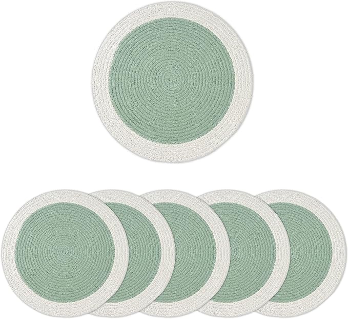 Encasa XO Dining Placemats Set of 6 | Cotton Round Table Mat - 13 in Diameter | Sage & Off White | Handmade Rib Style Chargers for Dinner Plates