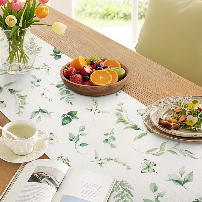 Bonhause Green Eucalyptus Leaves Table Runner 13x72 Inch Greenery Spring Plants Butterfly Seasonal Summer Kitchen Dining Table Decoration for Indoor Outdoor Home Party Decor