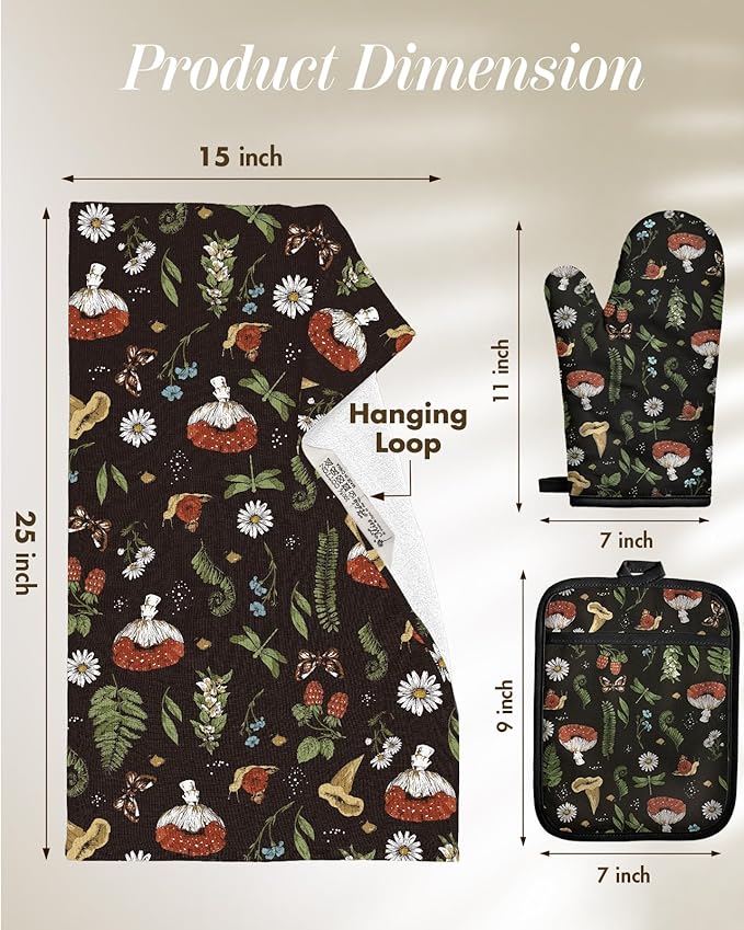 Miss Adola 270 GSM Cotton Kitchen Towels, Oven Mitt and Pot Holder - 4 Pack Kitchen Decor and Accessories Set Cute Farmhouse Boho Quilted Lining Heat Resistant Set with Hanging Loop, Black Mushroom