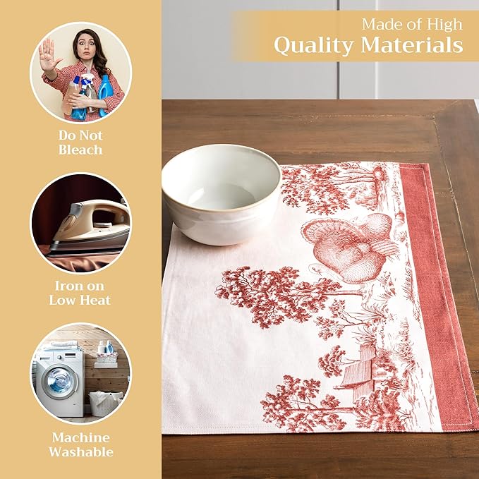 Maison d' Hermine Placemats Set of 4 100% Cotton Washable Cloth Place Mats, Reusable Table Mats for Thanksgiving Christmas Decorations Kitchen Dining Party Wedding (Holy Jouy - Brown, 13" x 19")