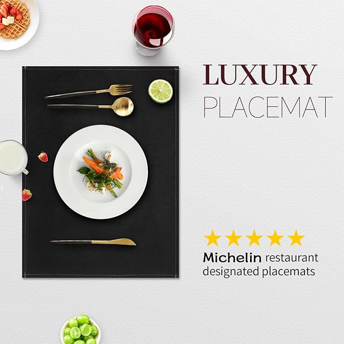 Black Placemats Set of 4, 12x18 Inch Heat-Resistant Washable Easy to Clean Place Mats, Faux Linen Cloth Table Mats Suitable for Indoor/Outdoor Parties & Kitchen Decor (Black)