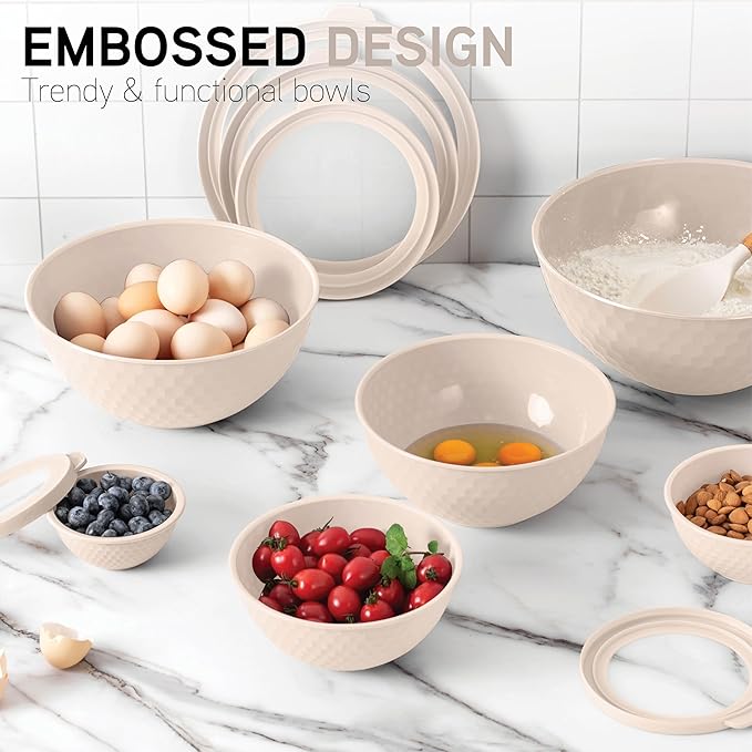 COOK WITH COLOR Mixing Bowls with Lids - 12 Piece Plastic Nesting Bowls Set includes 6 Prep Bowls and 6 Lids, Microwave Safe Mixing Bowl Set, Cream Embossed