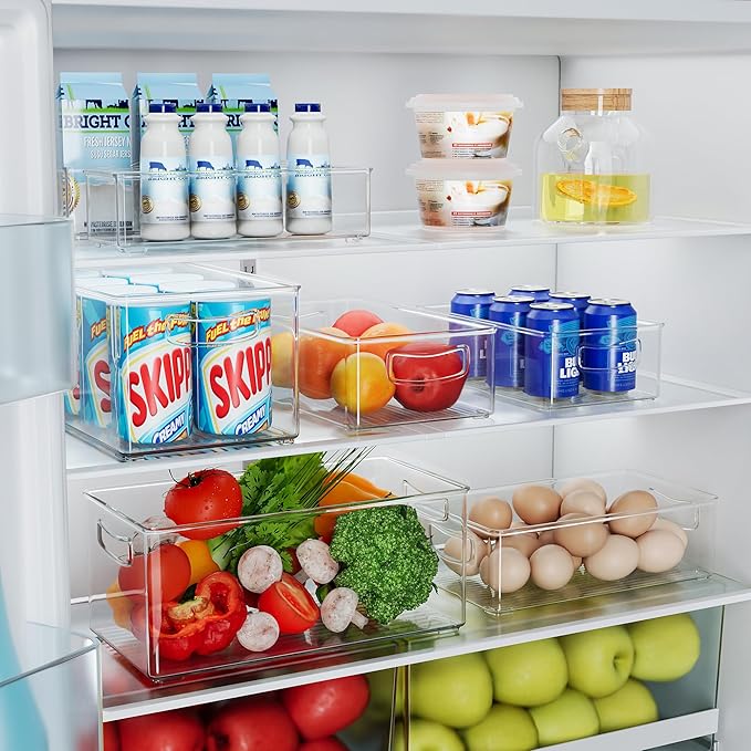 Heyuzb 2 Pack Clear Freezer Organizer Bins Stackable Storage Bins with Side Handles for Kitchen Pantry Cabinet Organzation and Storage