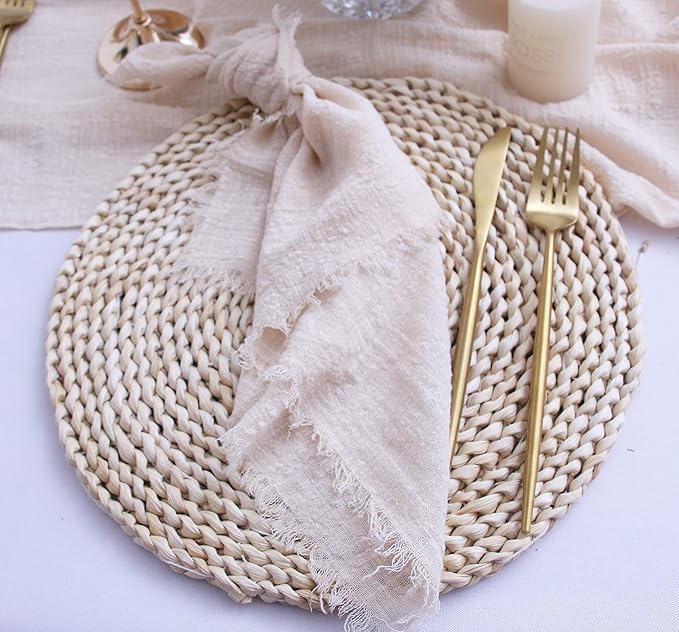 Cloth Napkins with Fringe Gauze Napkins Set of 6,100% Natural Soft Cotton,Washable Napkins Great for Weddings Decorative ,Dinner Parties,Family Everyday Use (6pack, Beige)