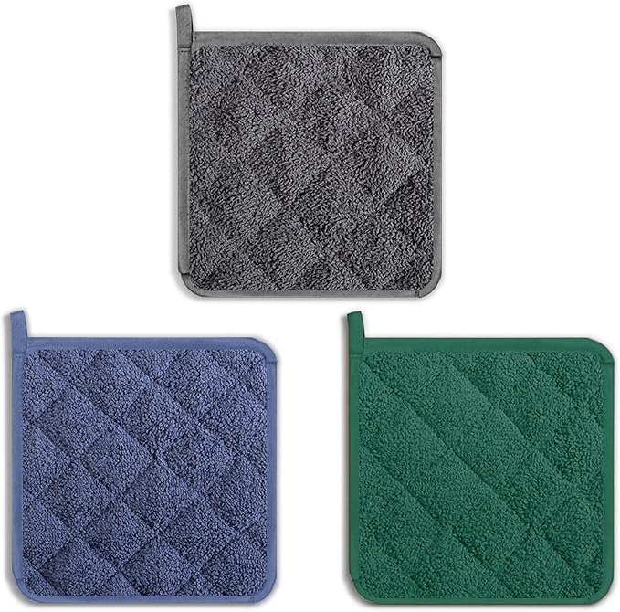 Potholders, Pot Holders for Kitchen Heat Resistant Cotton Hot Pads with Hanging Loops, 3-Pack (Blue+Gray+Green)