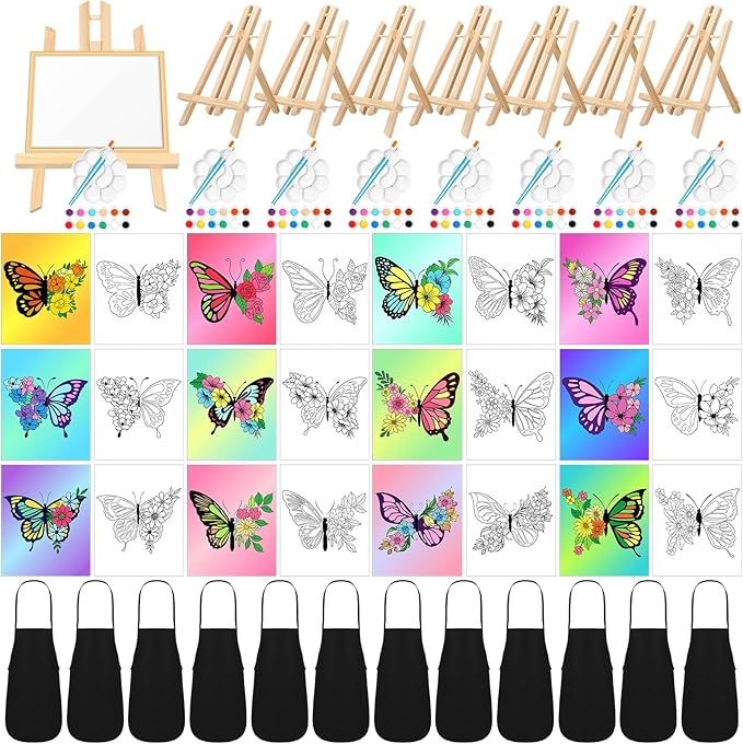 Motipuns 12 Set Pre Drawn Canvas for Painting for Adults Sip and Paint Kit with Easels 8 x 10 Inches Paint Party Kit with Printed Canvas Paints Brushes Palette Bag Apron(Butterfly Flower)