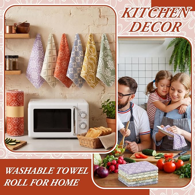 Redbaker 30 Pcs Reusable Paper Towels Rolls Towels Bulk Kitchen Washable Paperless Cloth Cotton Hand Napkins with Cardboard Reusable Napkins for Kitchen Bathroom (Bohemian)