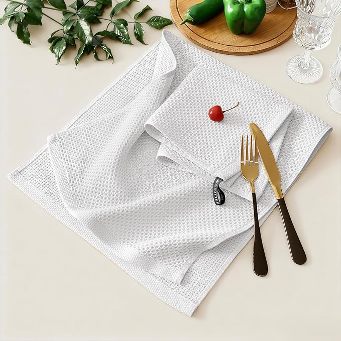 Kitinjoy 100% Cotton Kitchen Towels and Dishcloths Set, 10 Pack-13" x 28" and 12" x 12" Waffle Weave Dish Towels, Ultra Soft Absorbent Quick Drying Dish Rags, White