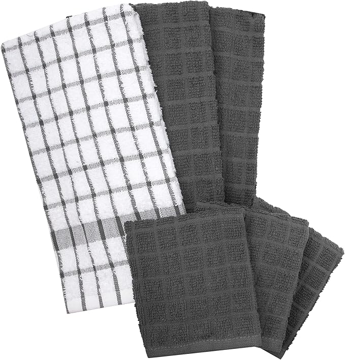 Ritz Premium Kitchen Towel and Dish Cloth Value Set: Highly Absorbent, Super Soft, Long-Lasting, 100% Cotton Checked and Solid Hand Towels, Tea Towels, Bar Towels - 6 Pack, Graphite