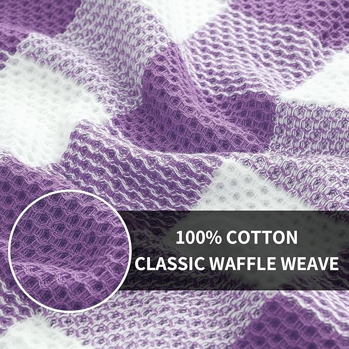 Homaxy 100% Cotton Waffle Weave Check Plaid Dish Cloths, 12 x 12 Inches, Super Soft and Absorbent Dish Towels Quick Drying Dish Rags, 6-Pack, White & Purple