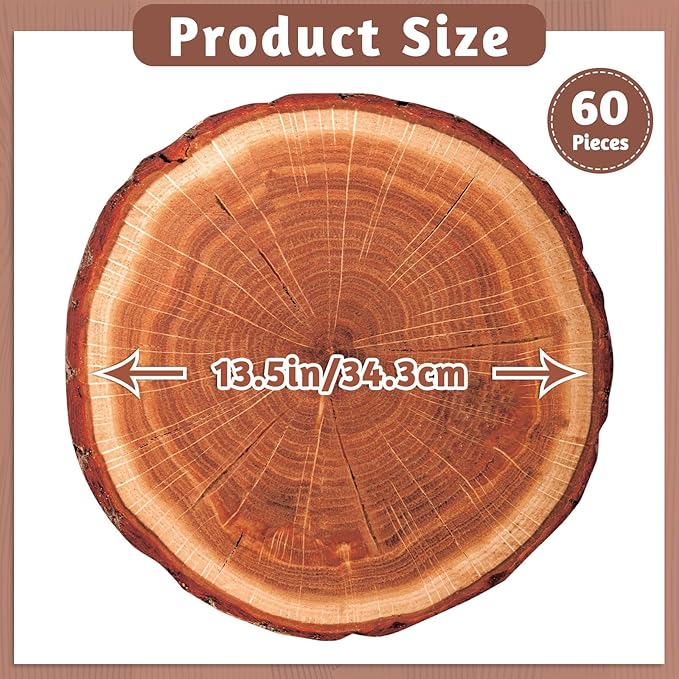 60 Pcs Wooden Slice Paper Placemats, 13.5 Inch Disposable Scalloped Table Mats Rustic Brown Placemat, Round Banquet Place Mats for Table Setting Farmhouse Wedding Banquet Dinner Party Decor