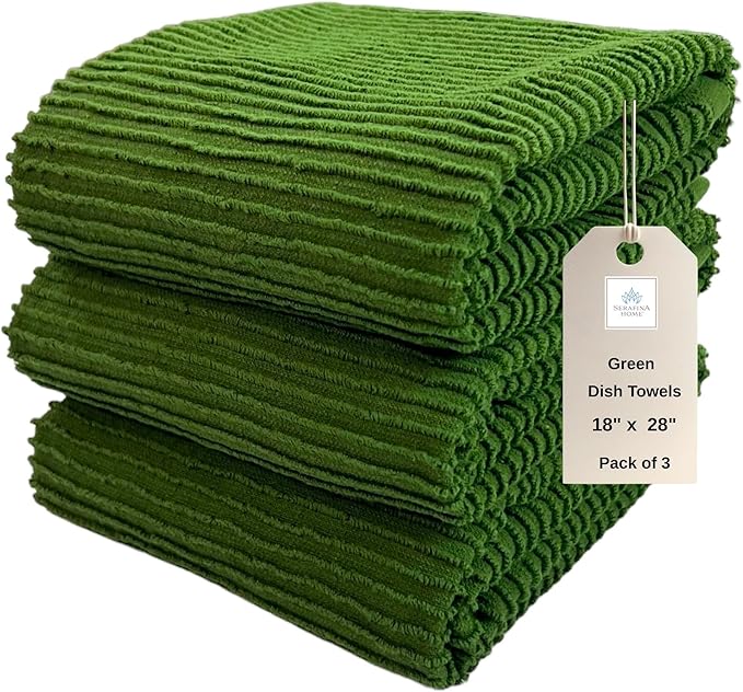 Serafina Home Avocado Forest Green Kitchen Hand Dish Towels: Oversized 28" x 18",100% Cotton Cloth Soft Cleaning Drying Absorbent Ribbed Design, Set of 3 Multipurpose for Everyday Use (Moss Green)